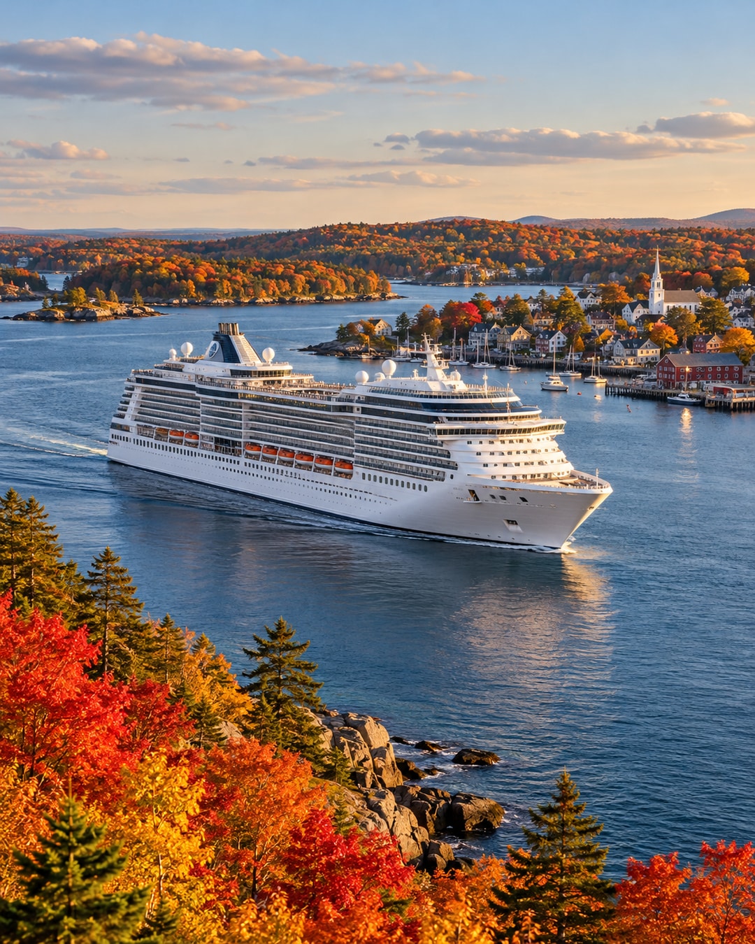 AI-generated illustration of a cruise ship in a New England harbor framed by fall foliage.